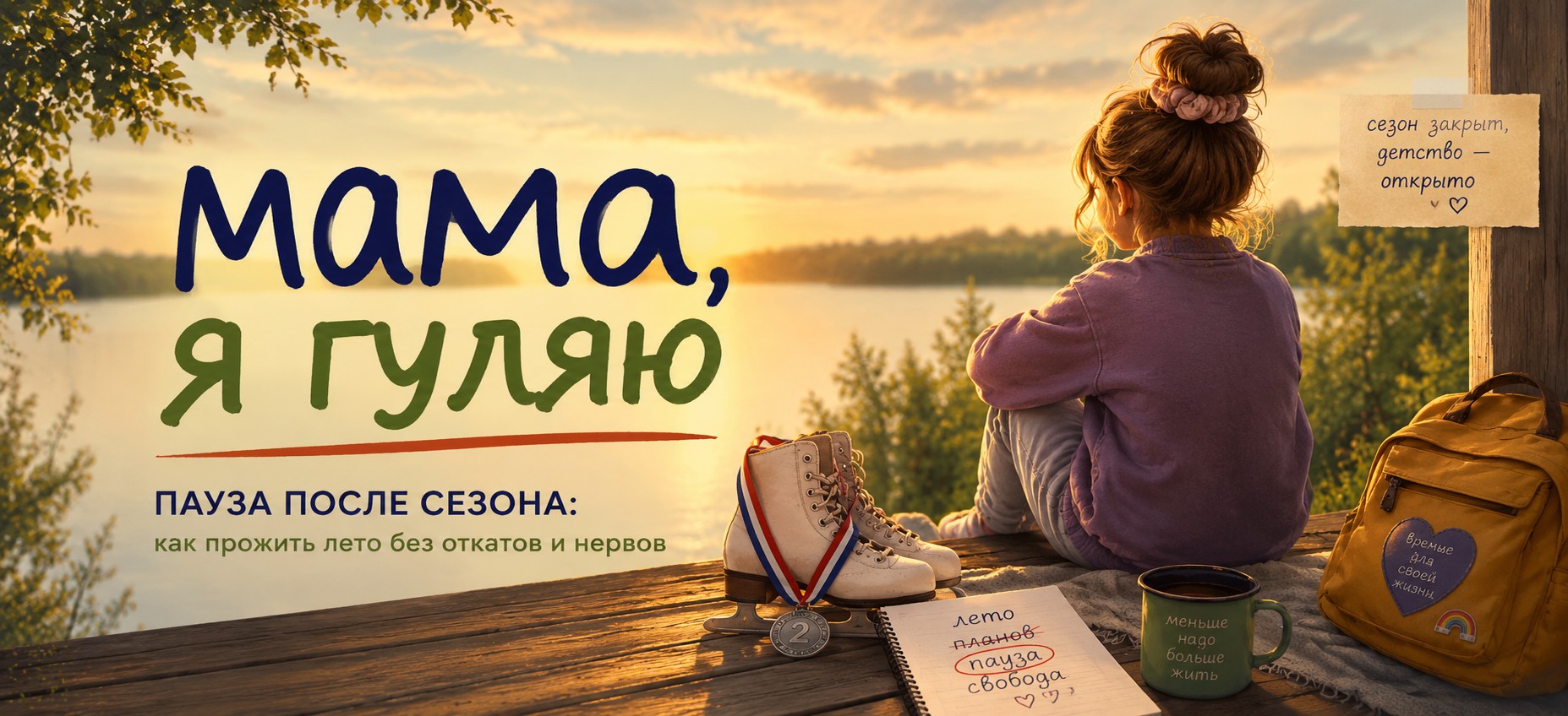 Обложка выпуска про паузу после сезона: девочка у озера, коньки и летний вечер